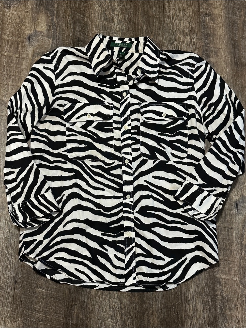 Lauren Ralph Lauren Women’s Zebra Button Up Blouse 100% Cotton Medium